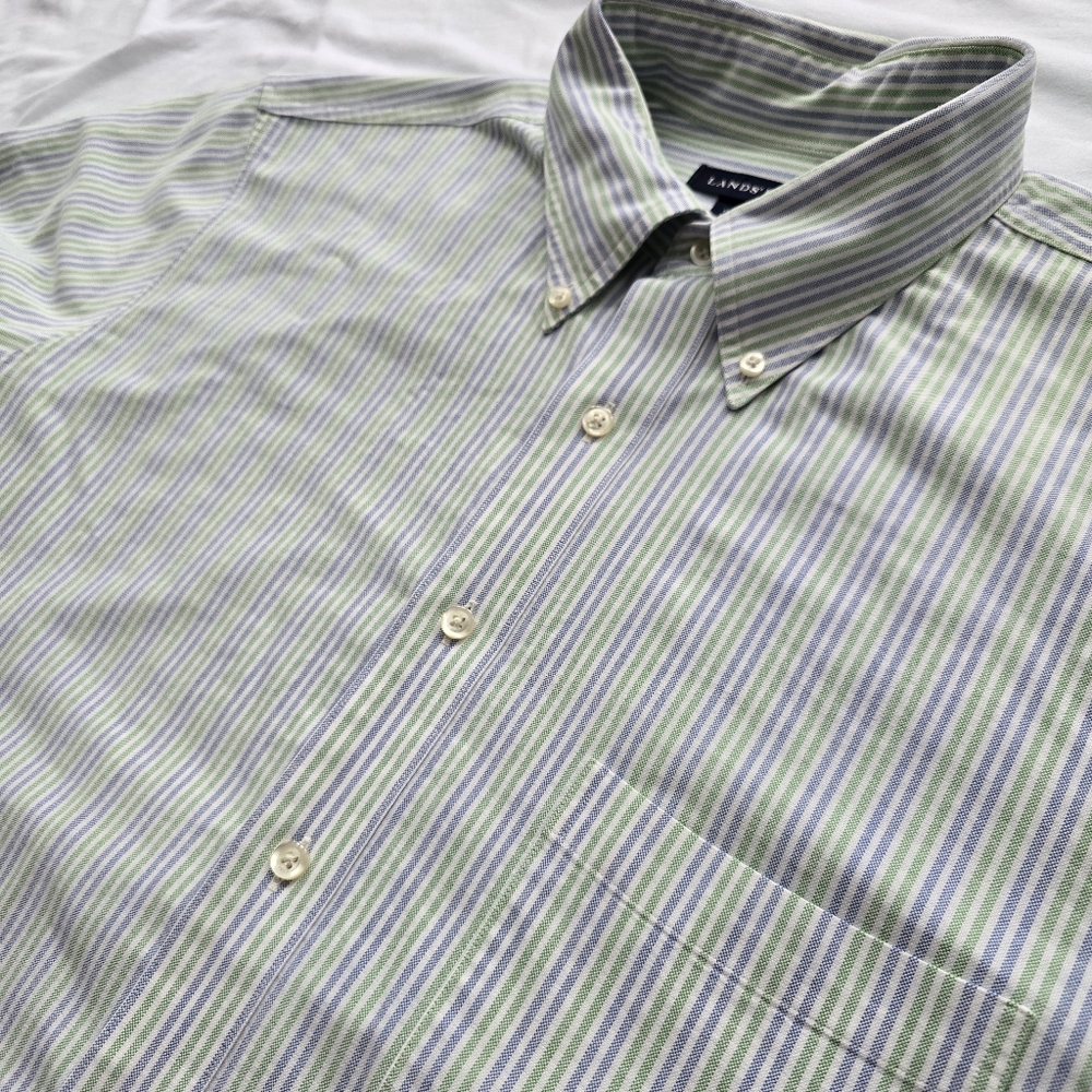 Lands’ End Green Blue Striped Short Sleeve Button Down Shirt XL 17 17.5